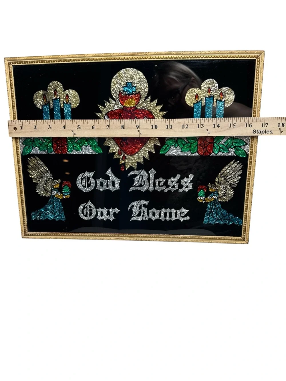 Vintage Religious Reverse Glass Tinsel Foil Painting of Sacred Heart with Angels